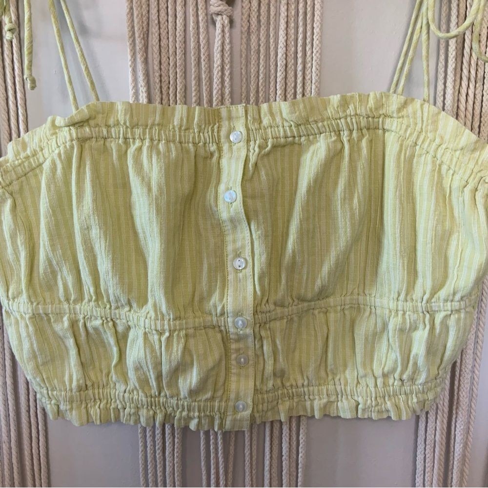 AERIE Woven Front Smocked Button 100% Cotton Tank Yellow Stripe Tie Strap Medium - Picture 5 of 12